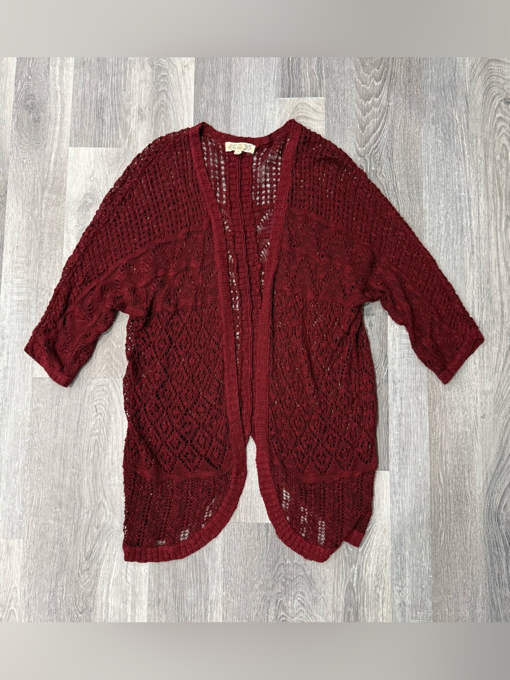 Women's Burgundy Oversized Crochet Knit Open Front Cardigan Boho Kimono Sweater